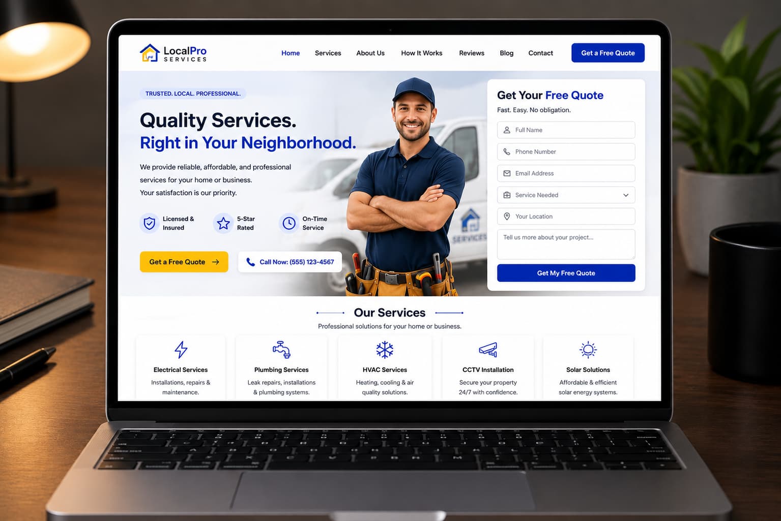 Premium laptop displaying a lead generating website layout for local service businesses
